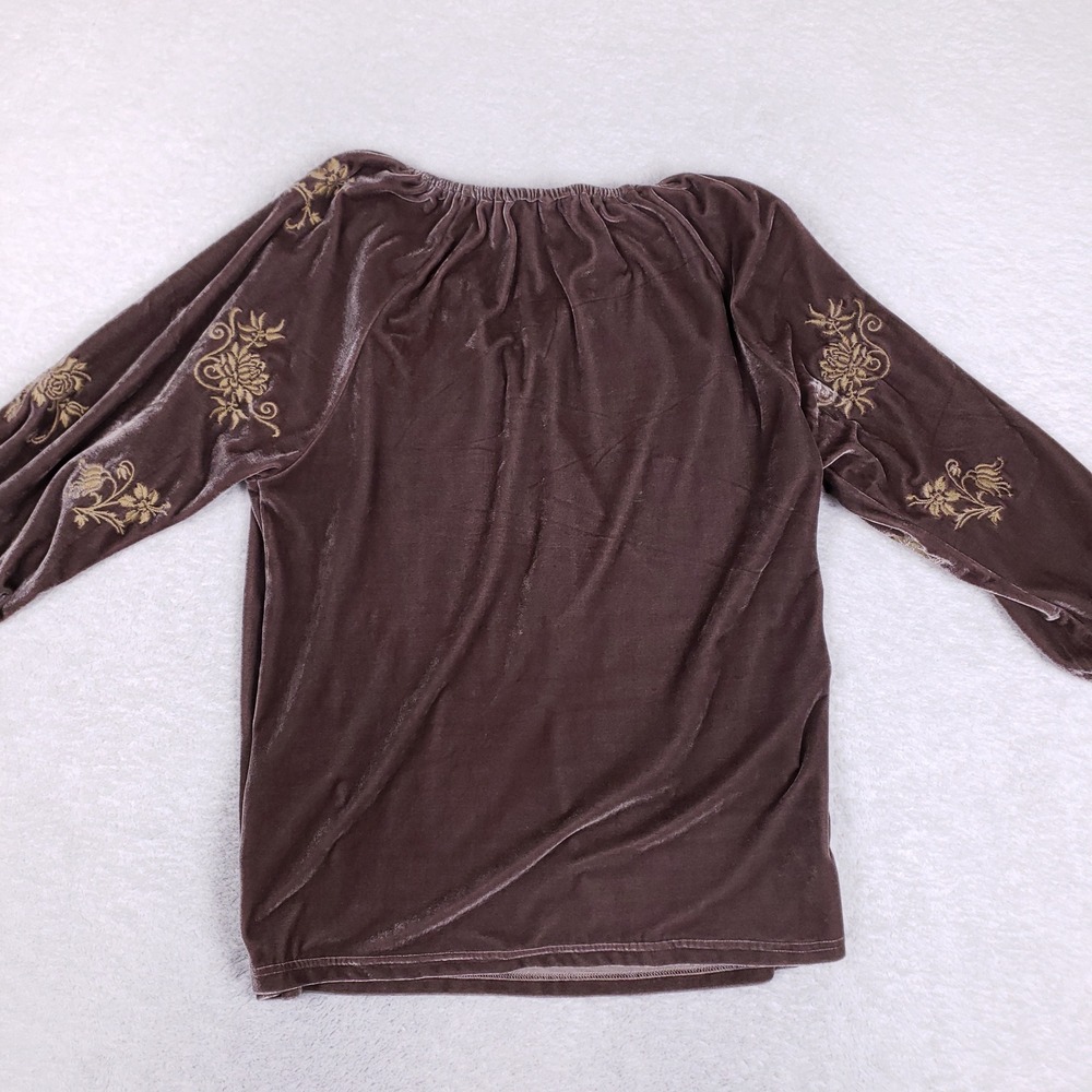 Paparazzi Brown Velvet Embroidered Peasant Blouse Tassel V-Neck Medium Boho - Picture 6 of 8